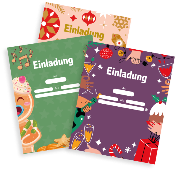 Drei bunte Weihnachtseinladungen in verschiedenen Designs sind aufgefächert.